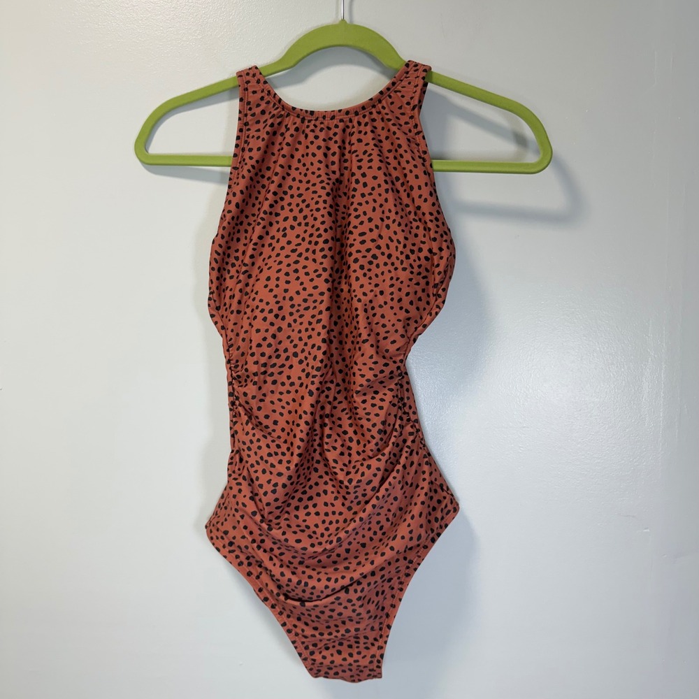 Kona‎ Sol Womens Rust Orange Spotted Animal Print High Neck One Piece Swimsuit S